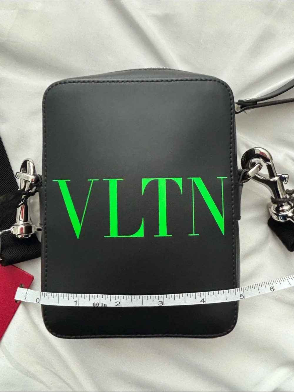Valentino Garavani Unisex Black Leather Bag with Neon Green VLTN Logo NWT